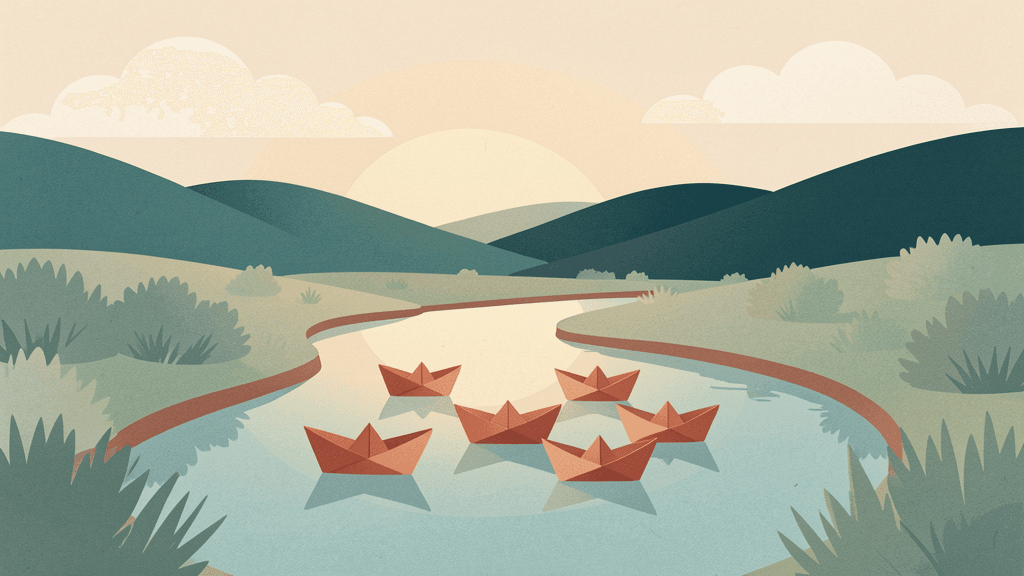A small fleet of paper boats drifting together on a calm stream at dawn