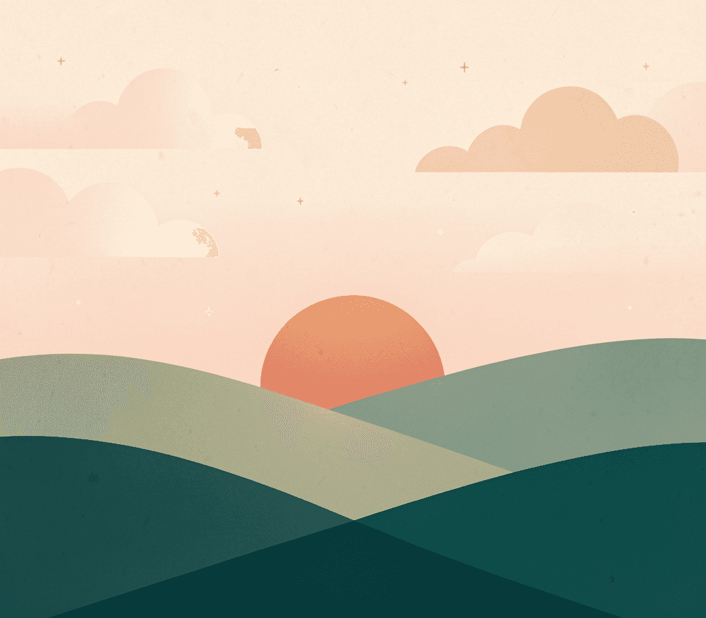 Soft rolling hills in sage and deep teal under a gentle dawn sky